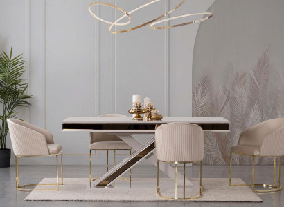 Säulen Tisch Essgruppe Tisch mit 6x Lehnstühlen Esszimmer Stühle 7tlg