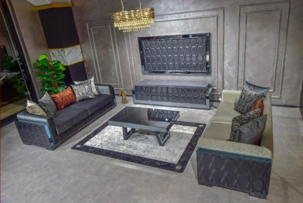Dreisitzer Luxus Sofa 3 Sitz Sofas Sitz Design braun Metall mit Textil