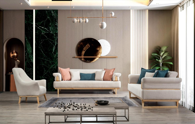 Modern Sofagarnitur 3+3+1 Sitzer Garnitur Set Sofas Sessel Holz mit Textil