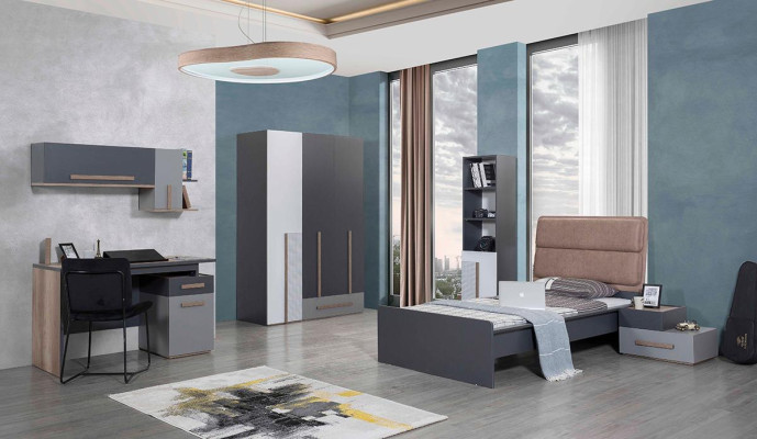 Graues Jugendzimmer Kleiderschrank Bücherregal Kinderzimmer Bett 5tlg