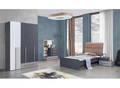 Jugendzimmer Set Grau Bett Nachttisch Kleiderschrank Design Neu 4tlg.