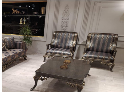 Ohrensessel Sessel Design Polster Sofa Couch Textil Barock Wohnzimmer Blau