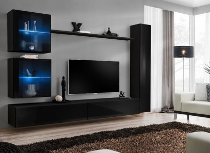 Schwarz Wohnwand Komplett Set Einrichtung Designer Möbel TV-Ständer Modern