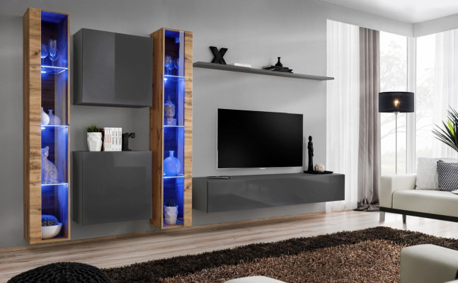 Luxus Komplett Set 6tlg Wohnwand Grau TV-Ständer Wandschrank Sideboard Modern