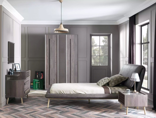 Garnitur Polsterbett Jugendbett Bettrahmen Bett Set 5tlg Holz Grau Neu