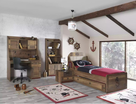 Kinderzimmer Garnitur Pirat Bettrahmen Jugendbett Holz Braun 5tlg Set