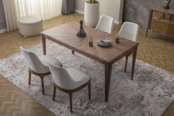 Luxuriöse Esszimmer Garnitur Recheckiger Esstisch 6x Textilstühle 9tlg