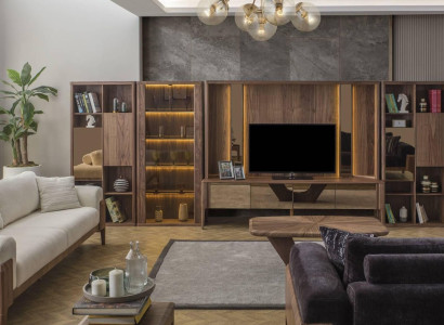 Moderne Braune Wohnwand Wohnzimmer Holzwand Mux LED-Regalen Wohnwände