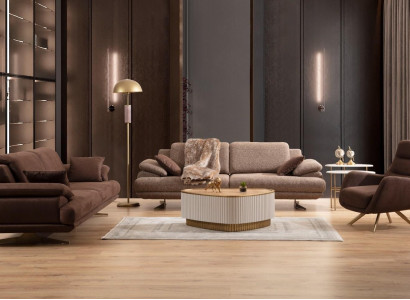 Beige-Braune Wohnzimmer Sofagarnitur 3 Sitzer Polstersessel Couchtisch