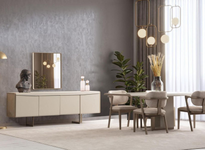 Beige Esszimmergarnitur Designer Esstisch Polsterstühle Luxus Anrichte