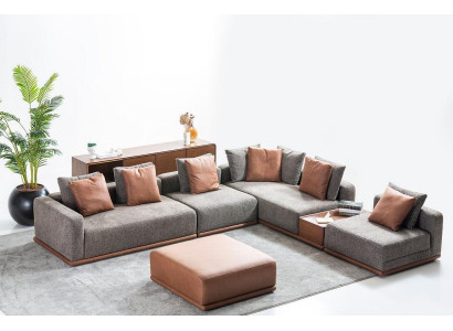 Designer Graue L-Form Couch Wohnzimmer Eck Wohnlandschaft Hocker 2tlg