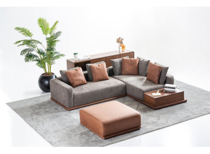 Wohnzimmer Sitzgarnitur Graues L-Form Sofa Brauner Hocker Luxus Möbel