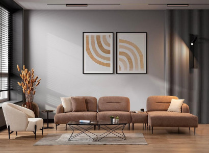 Braun-Beige Wohnzimmer Sitzgarnitur Ecksofa Wohnlandschaft Sessel 2tlg