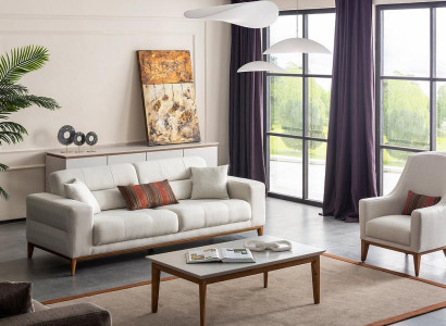 Weiße Exklusive Wohnzimmer Textil Garnitur 3-Sitzer Luxus Sessel 2tlg