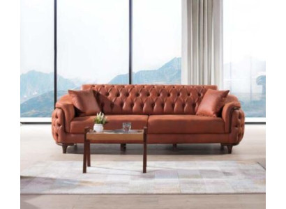 Orange Chesterfield Couch Dreisitzer Sofa Möbel Samt Holz Sitzpolster