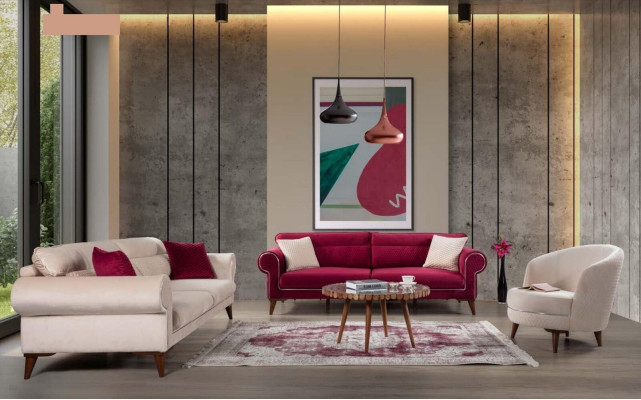 Rotes Sofa 3 Sitz Textil Sofas Couch Polster Luxus Möbel Moderner Dreisitzer