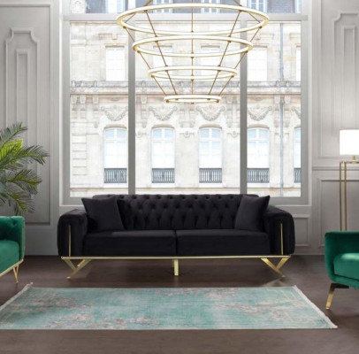 Schwarz Chesterfield Couch Dreisitzer Sitzpolster Sofa Samt Holz