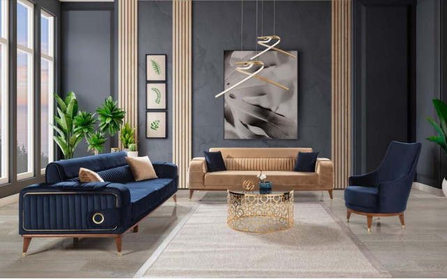 Luxus Blaue Couch Dreisitzer Design Sofas Möble Stoff Textil Samt