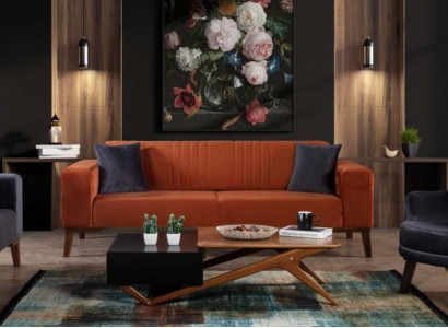 Orange Dreisitzer Couch Elegante Sofa Sitzmöbel Wohnzimmer Samt