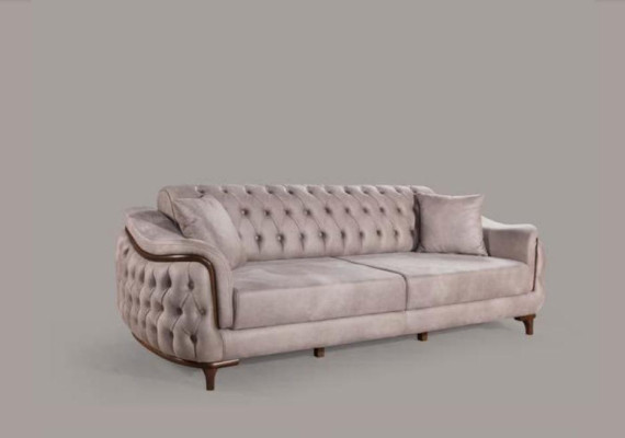 Beige Chesterfield Couch Dreisitzer Sitzpolster Sofa Möbel Samt Holz