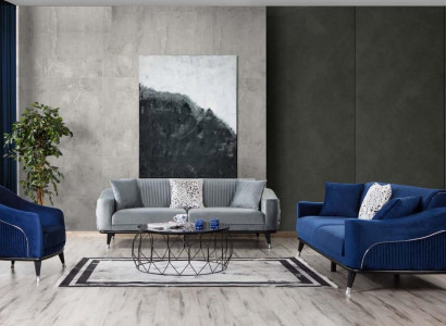 Sofagarnitur 3+3+1 Sitz Sofas Polster Couchen Holz grau blau Samt