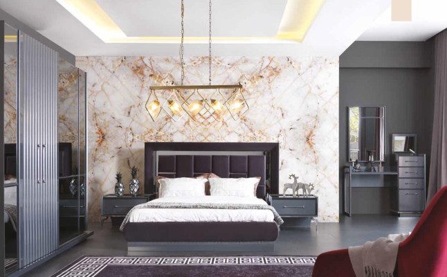 Moderne Schlafzimmer Set Grau Bett 2x Nachttisch Kleiderschrank Kommode 5tlg.