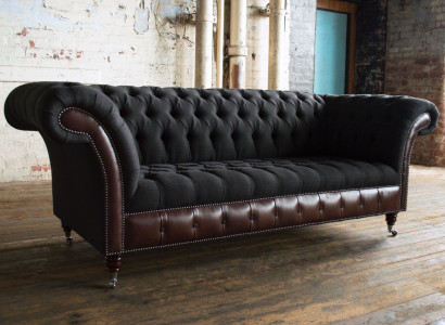 Chesterfield Original Sofa JVMoebel Couch Textil Sofas Couchen Stoff Schwarz Neu