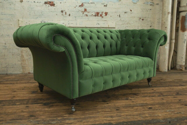 Grüne Chesterfield Textil Couch Zwei Sitzer Polster Sofa 185cm Stoff Leder neu
