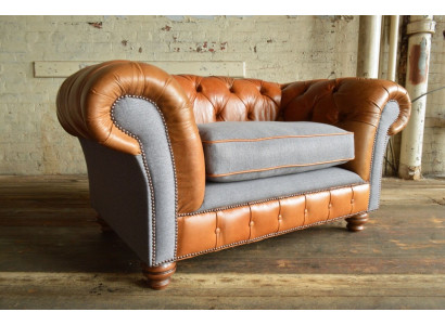 Sessel Polster Möbel Chesterfield Couch Textil Leder Stoff Sofa Einsitzer Braun