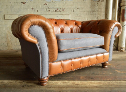 Sessel Polster Möbel Chesterfield Couch Textil Leder Stoff Sofa Einsitzer Braun