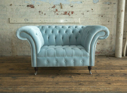 Chesterfield Design Stoff Couch Sessel 1.5 Sitzer Polster Sofas Lounge Blau Samt