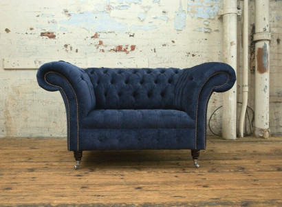 Chesterfield Sessel Couch Polster Sofa Couchen 1,5 Sitzer Einsitzer Blau Textil
