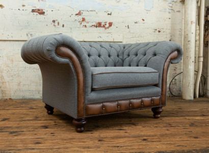 Chesterfield Design Stoff Couch Sessel 1.5 Sitzer Polster Sofas Lounge Samt Grau