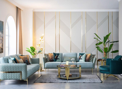 Villen Möbel Sitz Polster Garnitur Sofagarnitur Couch Set Turkis Textil Stoff