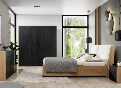 Schlafzimmer Set Beige Bett 2x Nachttische Kommode Kleiderschrank Modern 5tlg.