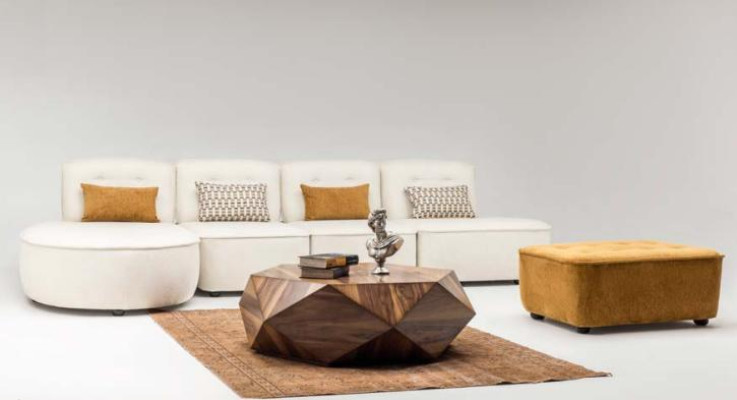 Modulares Sektionssofa Ecksofa L form Medern Counch Hocker Beige Stoff