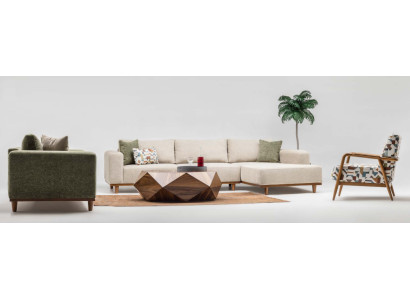 Garnitur Ecksofa L form Stoffsofa Dreisitzer Couch Sofa Beige Sessel