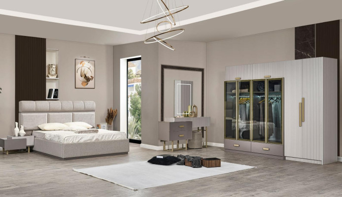 Schlafzimmer Garnitur Doppelbett Nachttische Schrank Konsol Beige 5tlg