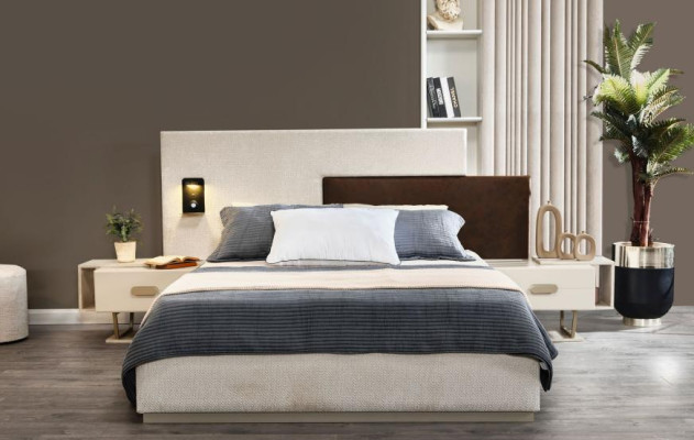 Weiße Schlafzimmer Garnitur Holz Nachttische Polster Doppelbett 3tlg Set