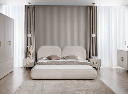 Beiges Schlafzimmer Set Doppelbett Kleiderschrank Kommode 2x Nachttische