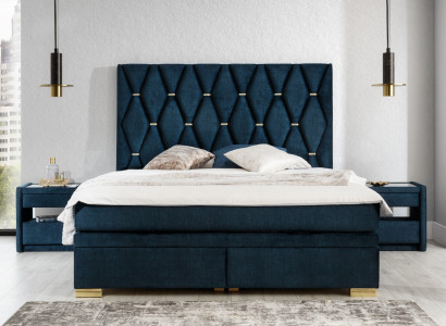 Blaue Schlafzimmer Textil Garnitur Edle Nachttische Edelstahlbett 3tlg