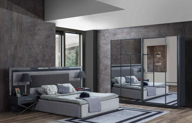 Schlafzimmer Graue Möbel Stilvolles Doppelbett Glas Kleiderschrank 4tlg