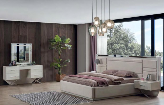 Modernes Beiges Schlafzimmer Set Polsterbett Schminktisch mit Schubladen
