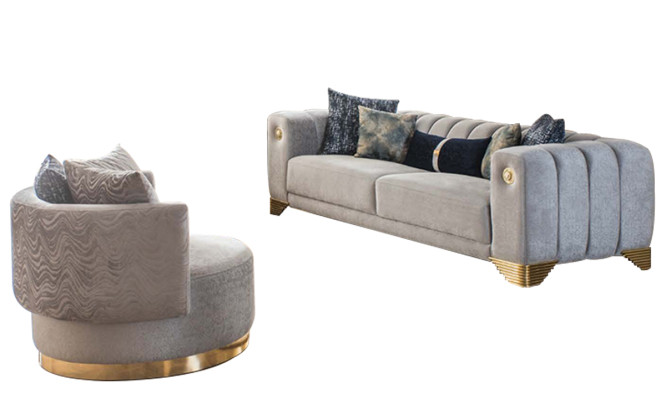 Komplett Wohnzimmer Hochwertig stilvoll 3-Sitzer Couch Modern Grau Sessel