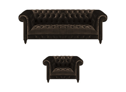 Braune Chesterfield Polster Garnitur Designer 3-Sitzer Textil Sessel 2tlg