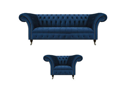Blaue Chesterfield Garnitur Designer Dreisitzer Stoffsessel 2tlg Möbel