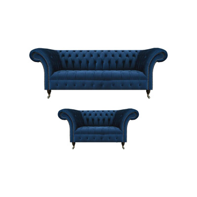 Edle Chesterfield Sofagarnitur Designer Blauer Dreisitzer Polster 2-er
