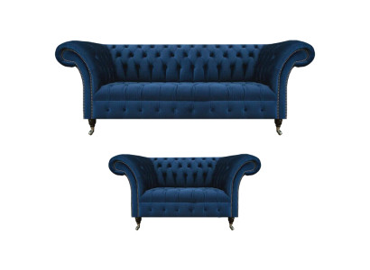 Edle Chesterfield Sofagarnitur Designer Blauer Dreisitzer Polster 2-er