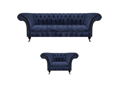 Blaue Chesterfield Stoffgarnitur Wohnzimmer Polster Sitzmöbel 2tlg Set