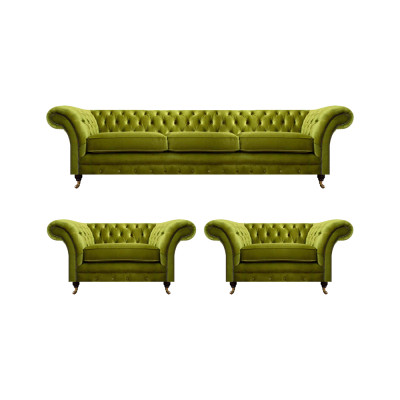 Olivengrüne Wohnzimmer Garnitur Chesterfield Polstercouch 2x Sessel 3tlg